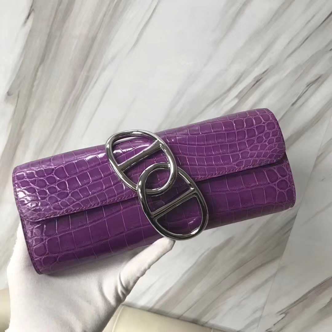 Hermès（爱马仕）egge 鳄鱼手包  玫红紫 银扣  手拿包 晚宴包