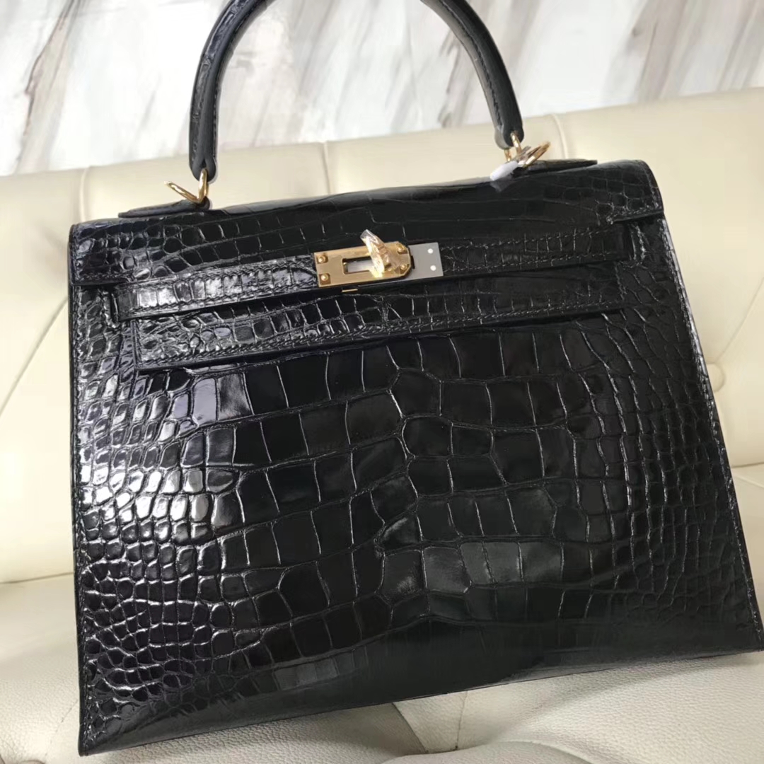 Hermès(爱马仕)Kelly25cm Alligator shiny 亮面鳄鱼 ck89 黑色 dior 金扣-拉尔森鳄鱼皮具定制 - 爱马仕包包官网 Hermès(爱马仕)Kelly25cm Alligator shiny 亮面鳄鱼 ck89 黑色 dior 金扣