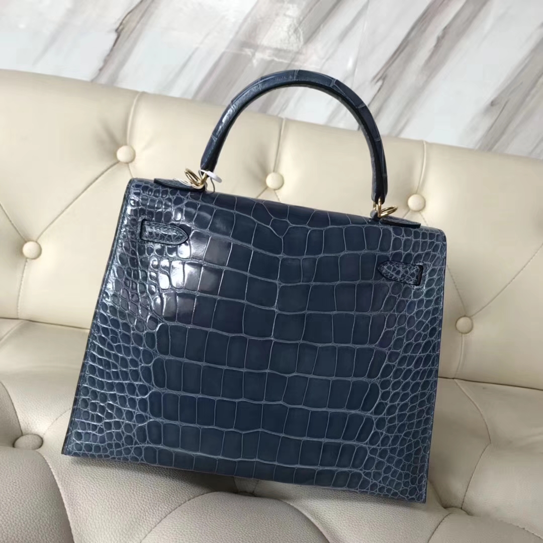 Hermès（爱马仕）Kelly25cm Alligator shiny 亮面鳄鱼 7N 风暴蓝 金扣