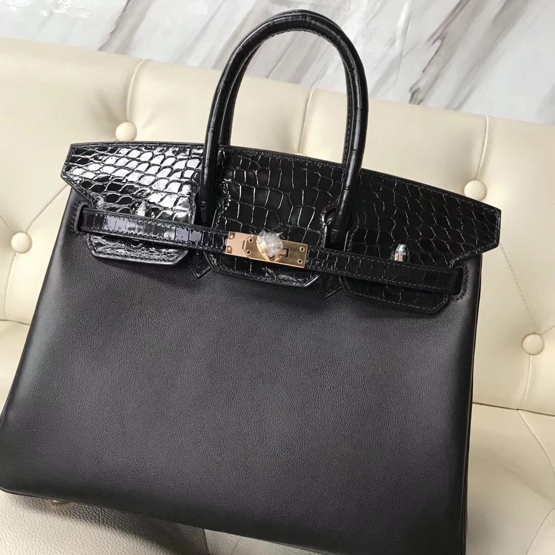 Hermès(爱马仕)Birkin25cm Swift 亮面鳄鱼 黑色 玫瑰金 Rose gold-拉尔森鳄鱼皮具定制 - 爱马仕包包官网 Hermès(爱马仕)Birkin25cm Swift 亮面鳄鱼 黑色 玫瑰金 Rose gold