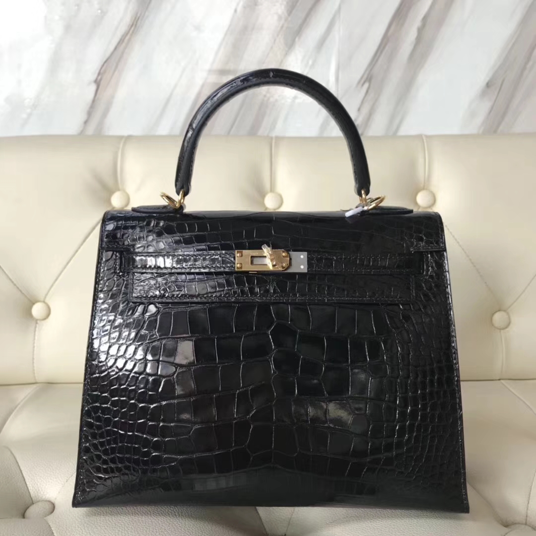 Hermès（爱马仕）Kelly25cm Alligator shiny 亮面鳄鱼 ck89 黑色 dior 金扣