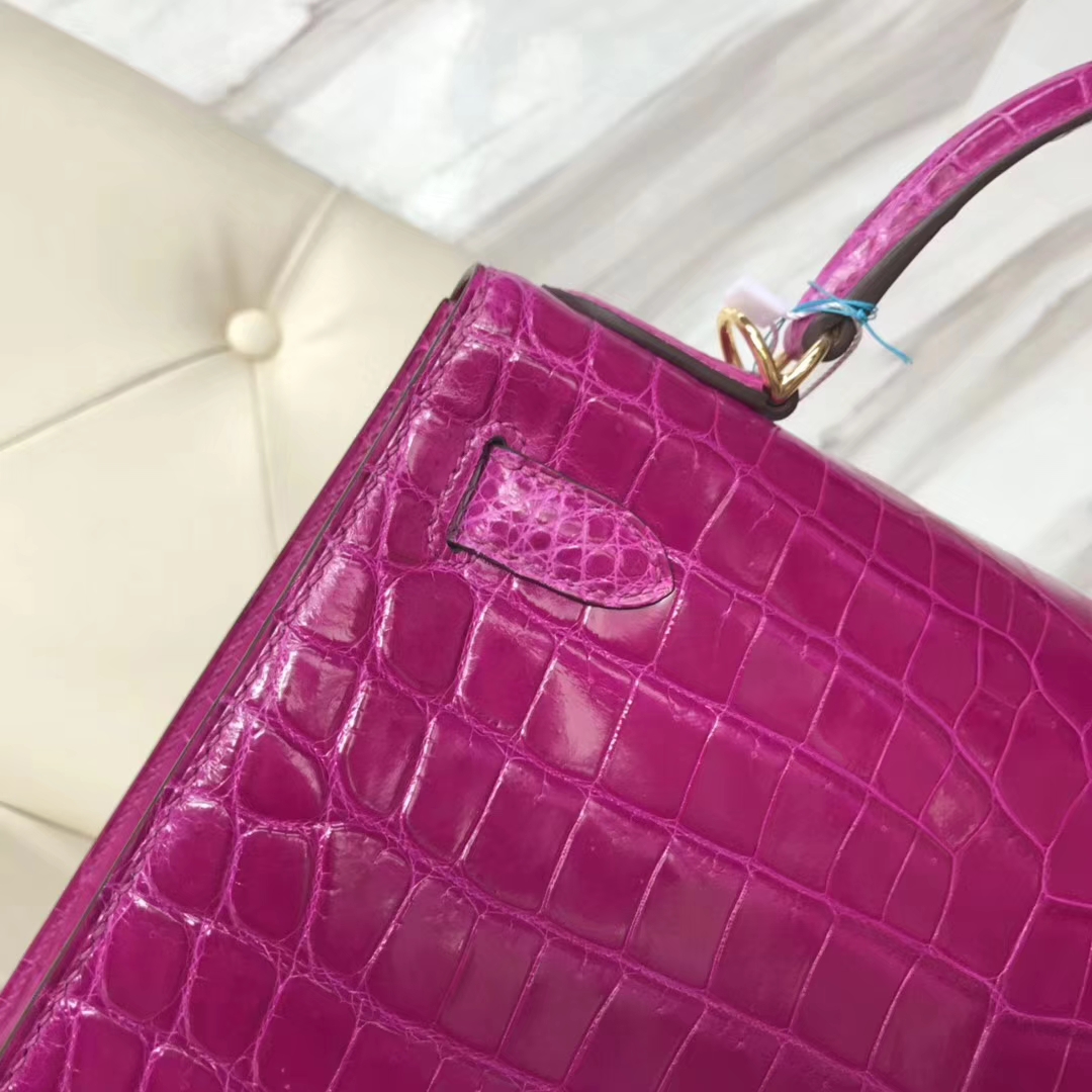 Hermès（爱马仕）Kelly28cm Crocodile shiny 亮面两点鳄鱼 J5 天方夜谭粉紫 金扣