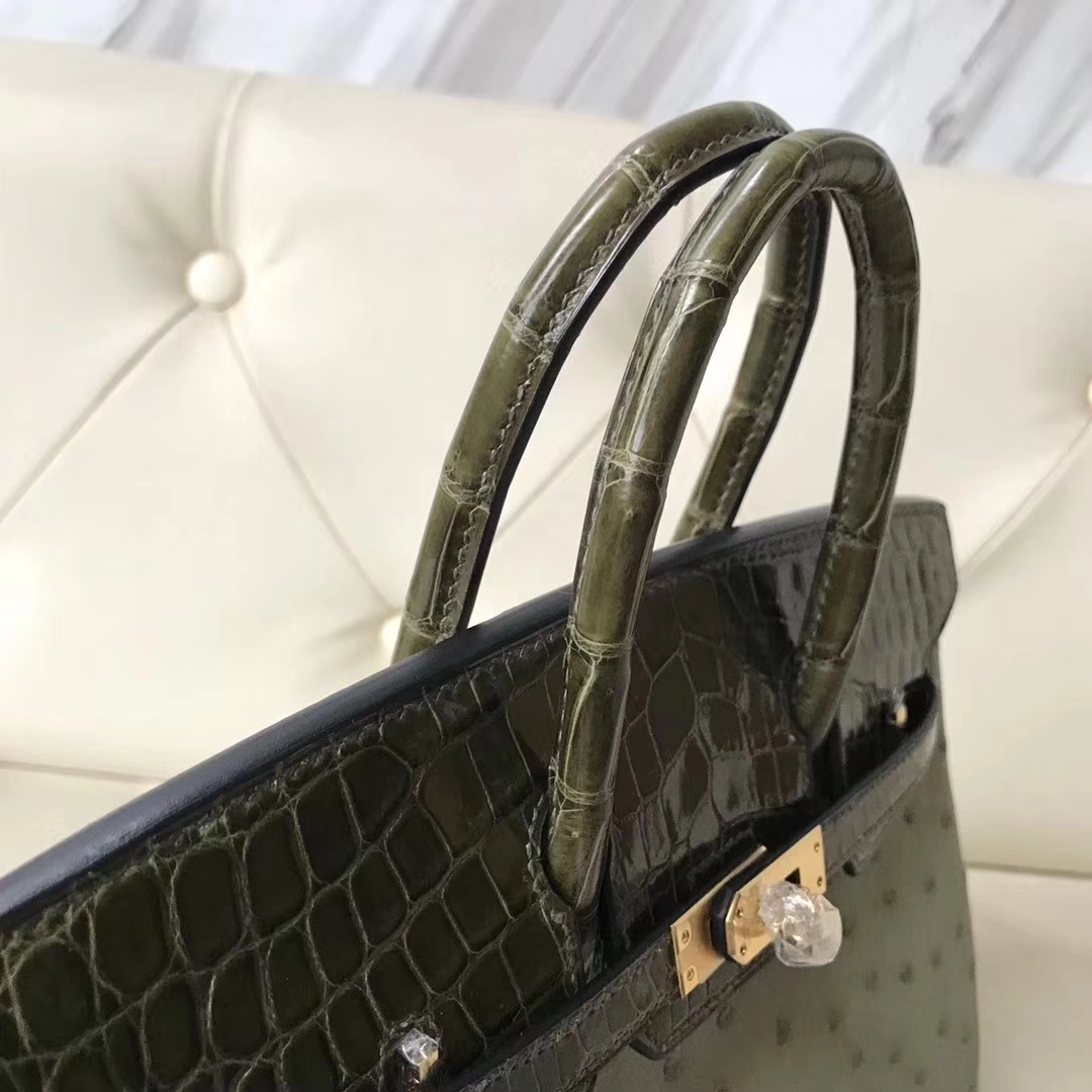 Hermès（爱马仕）Birkin25cm ostrich kk鸵鸟皮 v6丛林绿拼亮面橄榄绿鳄鱼内拼 I9杏黄色 蜡线全手工 金扣