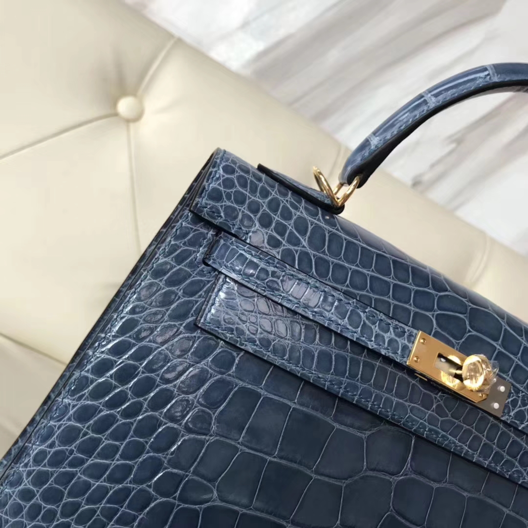 Hermès（爱马仕）Kelly25cm Alligator shiny 亮面鳄鱼 7N 风暴蓝 金扣