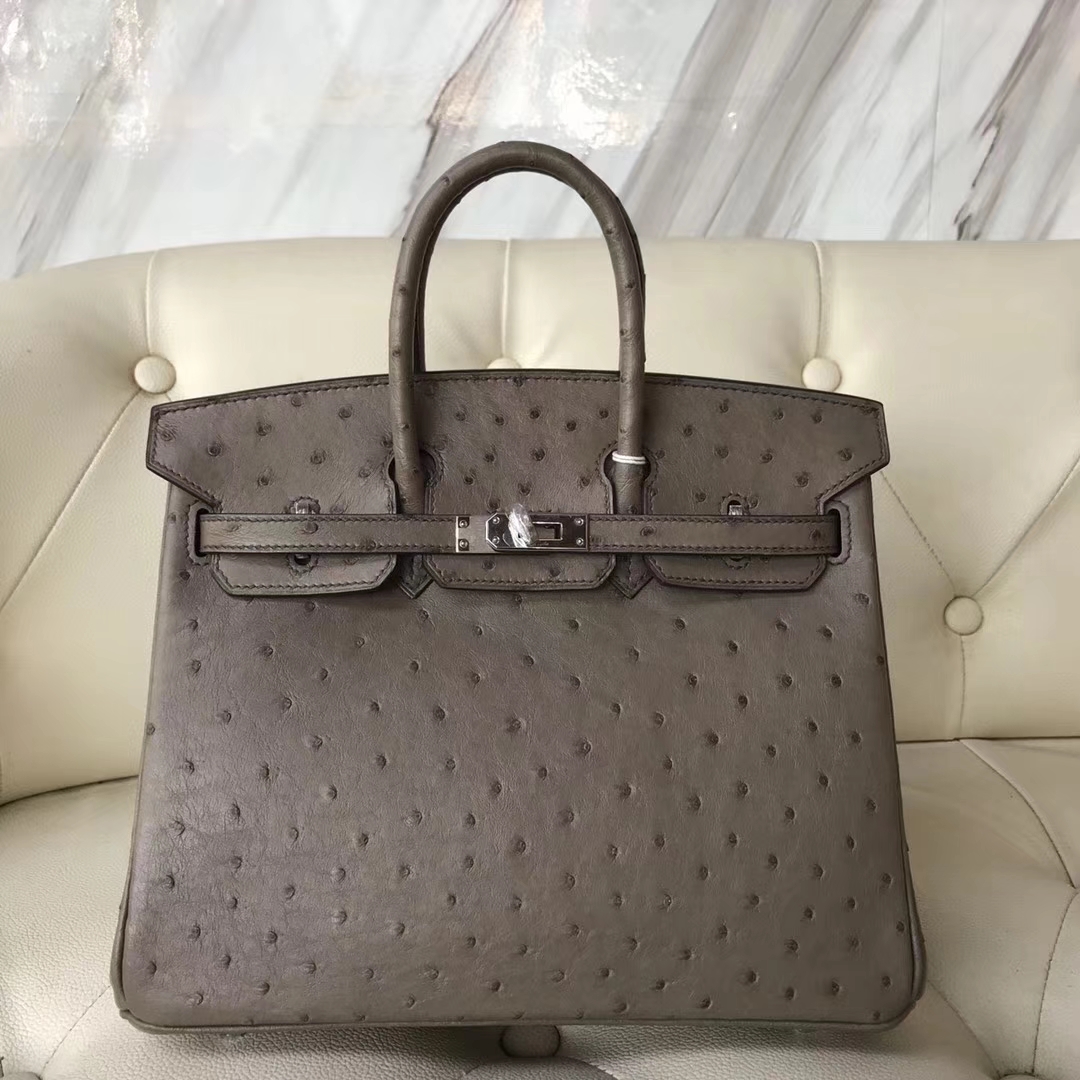 Hermès（爱马仕）Birkin25cm ostrich kk鸵鸟 顶级鸵鸟皮 ck18大象灰 蜡线全手工 银扣