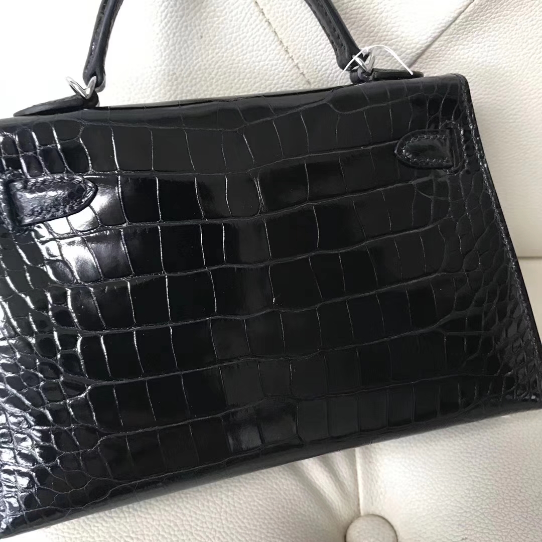Hermès（爱马仕）Minikelly ll Alligator shiny 亮面鳄鱼  ck89 黑色 银扣