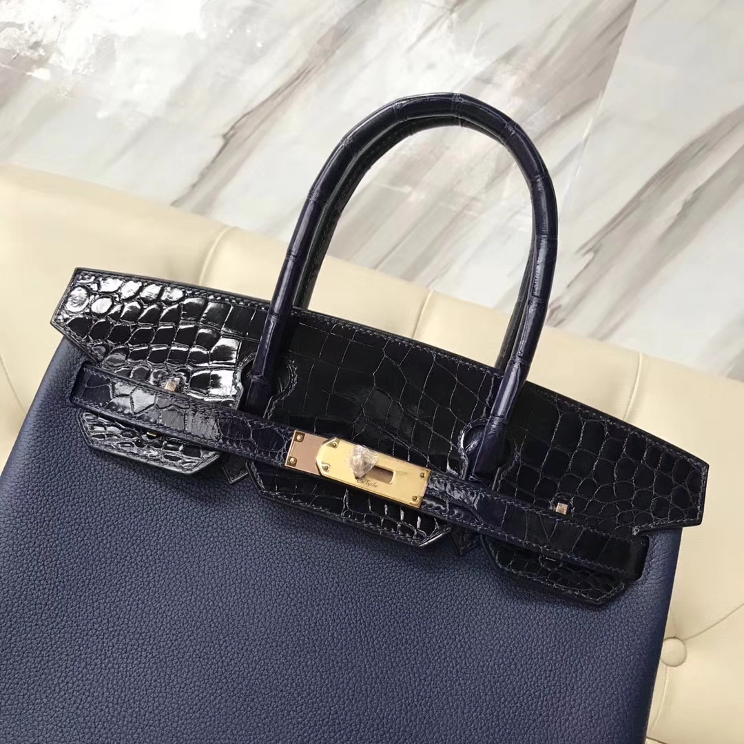Hermès（爱马仕）Birkin30cm togo ck37宝石蓝拼亮面鳄鱼 ck78深海蓝 顶级工艺 蜡线全手工 玫瑰金