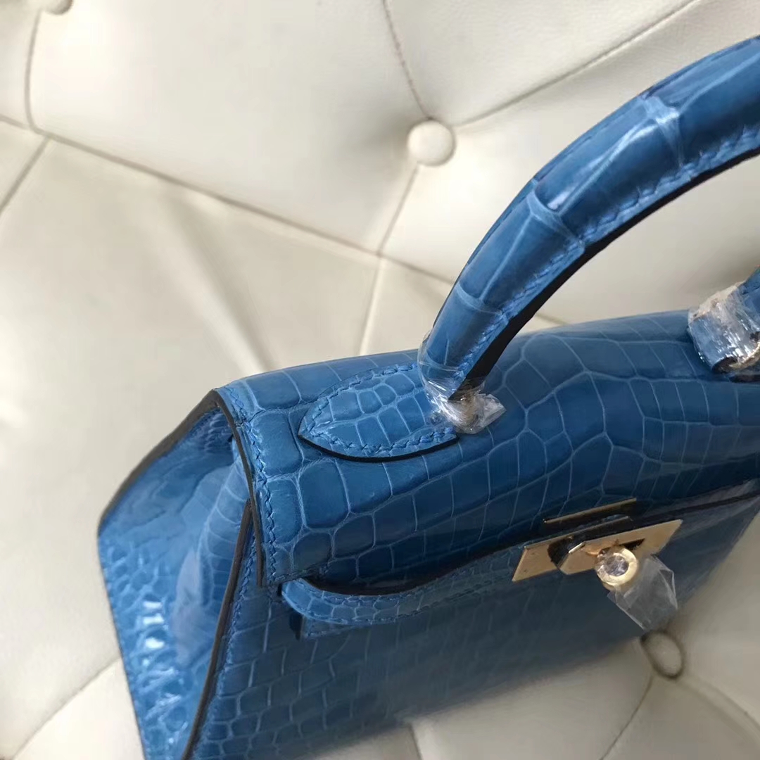 Hermès（爱马仕）Kelly 20cm shiny crocodile 亮面两点尼罗鳄 7Q希腊蓝 蜡线全手工 接受定制
