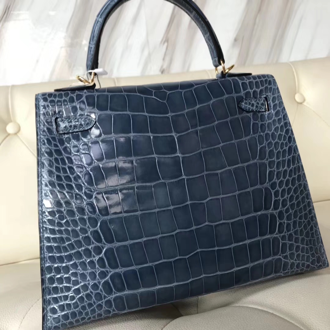 Hermès（爱马仕）Kelly25cm Alligator shiny 亮面鳄鱼 7N 风暴蓝 金扣