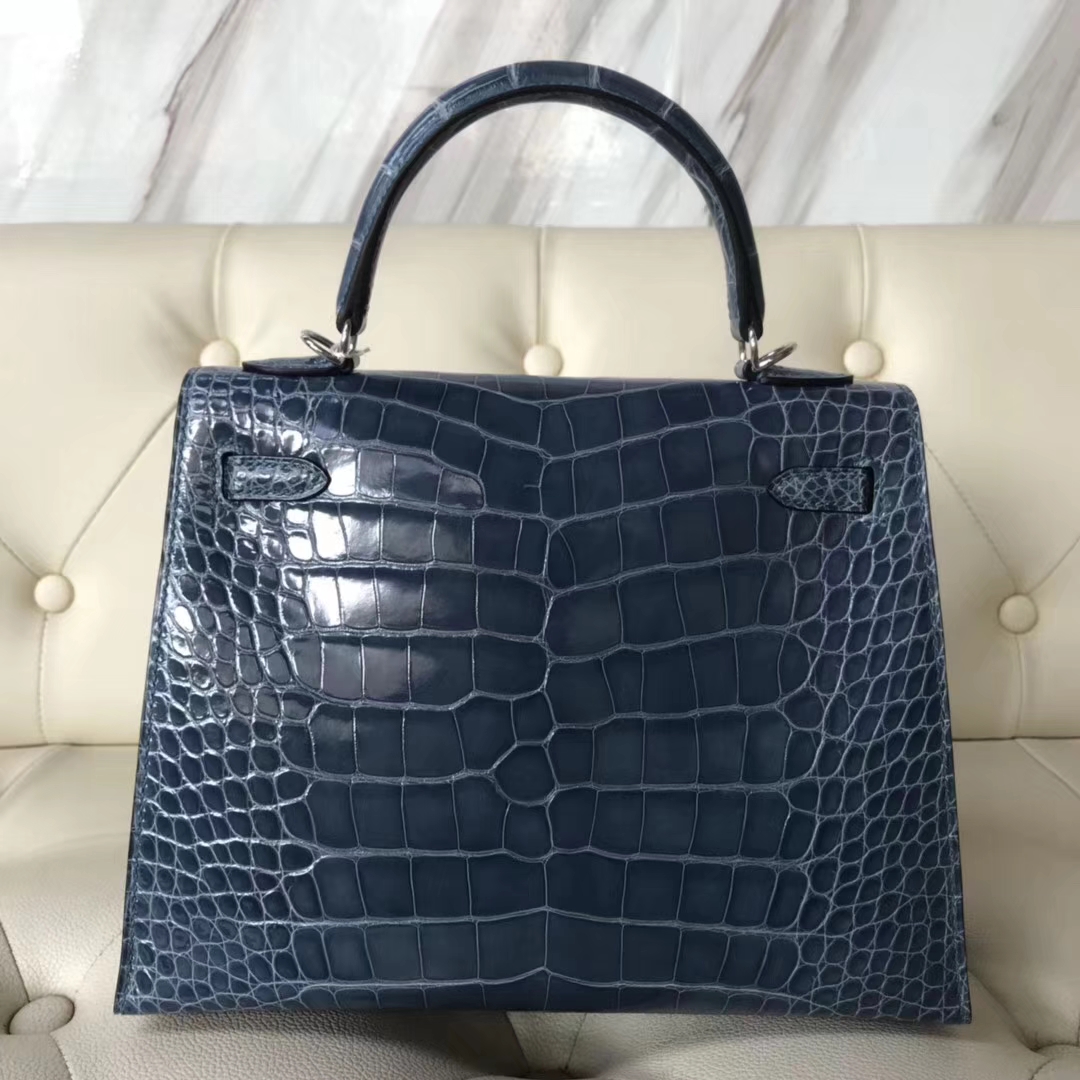 Hermès（爱马仕）Kelly25cm Alligator shiny 亮面鳄鱼 7N 风暴蓝 银扣