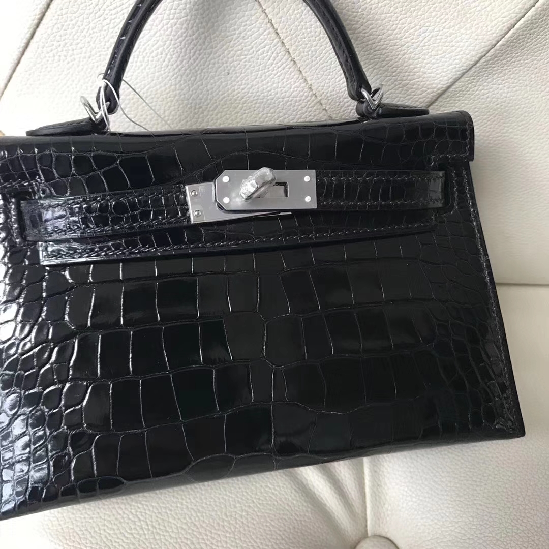 Hermès(爱马仕)Minikelly ll Alligator shiny 亮面鳄鱼 ck89 黑色 银扣-拉尔森鳄鱼皮具定制 - 爱马仕包包官网 Hermès(爱马仕)Minikelly ll Alligator shiny 亮面鳄鱼 ck89 黑色 银扣