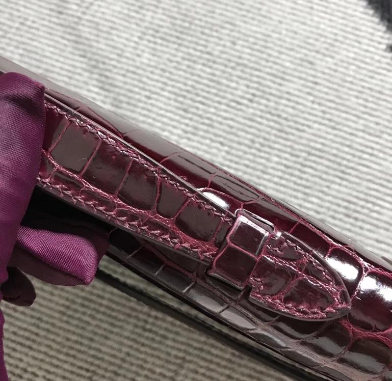 Hermès（爱马仕）kelly cut 31cm Crocodile shiny 亮面鳄鱼 5L 酒红色 金扣