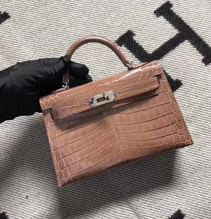 Hermès（爱马仕）Minikelly ll Alligator shiny 亮面鳄鱼 6Ｑ 褐色 银扣