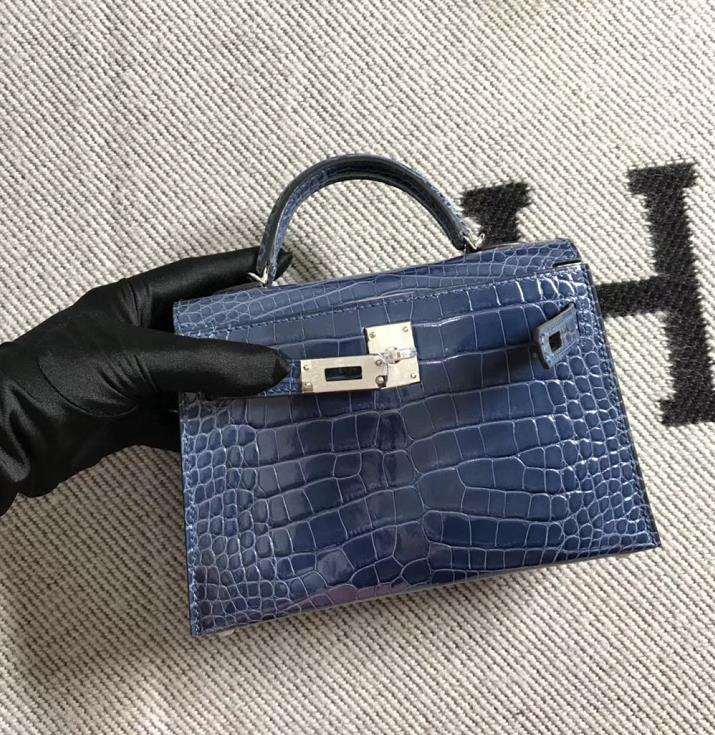 Hermès(爱马仕)Mini Kelly迷你凯莉包 美洲蓝 银扣 2代-拉尔森鳄鱼皮具定制 - 爱马仕包包官网 Hermès(爱马仕)Mini Kelly迷你凯莉包 美洲蓝 银扣 2代