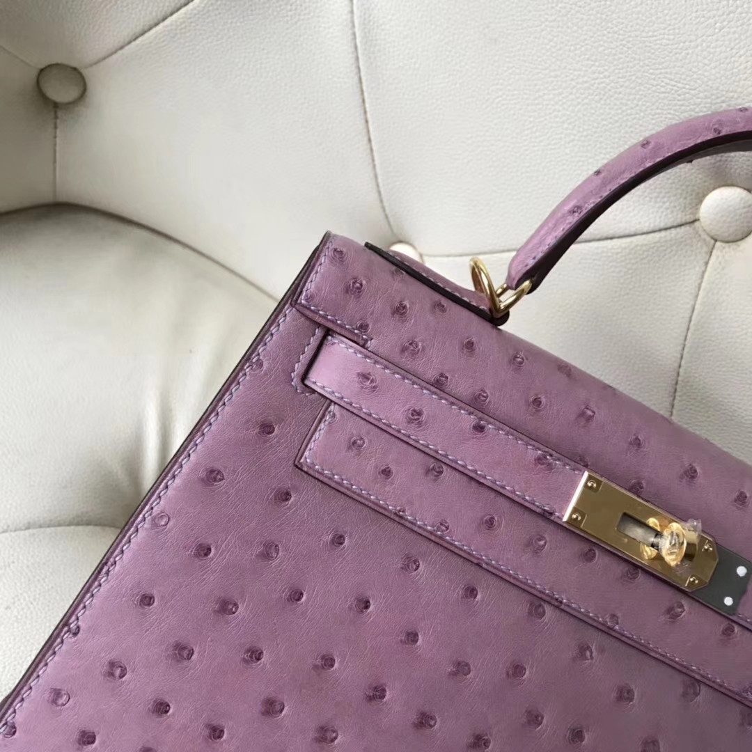 Hermès（爱马仕）Kelly 28cm ostrich kk鸵鸟 薰衣草紫 顶级工艺 蜡线全手工 金扣 接受定制