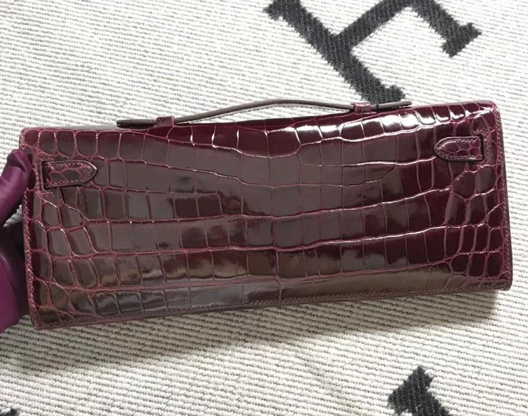 Hermès（爱马仕）kelly cut 31cm Crocodile shiny 亮面鳄鱼 5L 酒红色 金扣