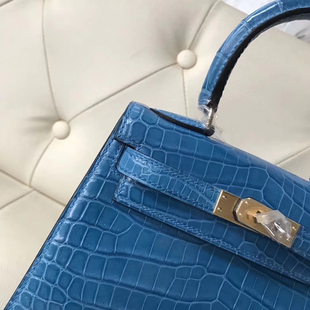 Hermès（爱马仕）Kelly 20cm shiny crocodile 亮面两点尼罗鳄 7Q希腊蓝 蜡线全手工 接受定制