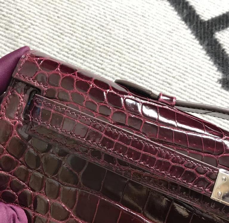 Hermès（爱马仕）kelly cut 31cm Crocodile shiny 亮面鳄鱼 5L 酒红色 金扣