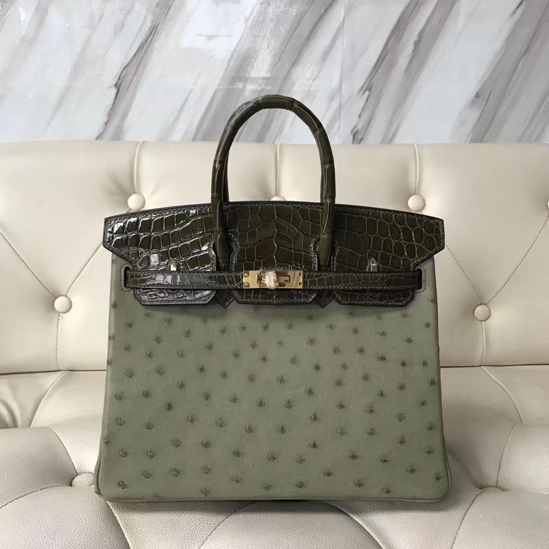 Hermès（爱马仕）Birkin25cm ostrich kk鸵鸟皮 v6丛林绿拼亮面橄榄绿鳄鱼内拼 I9杏黄色 蜡线全手工 金扣