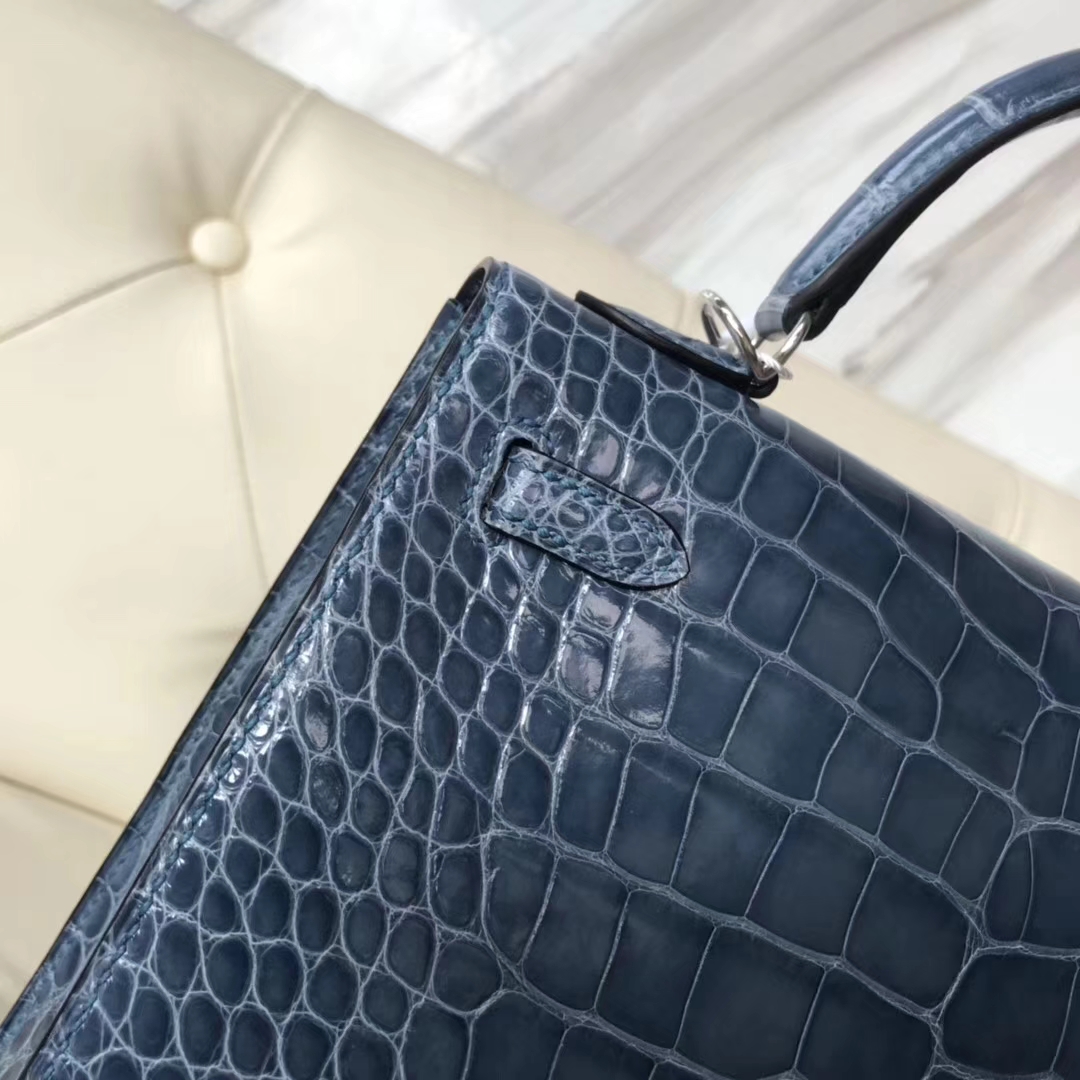 Hermès（爱马仕）Kelly25cm Alligator shiny 亮面鳄鱼 7N 风暴蓝 银扣