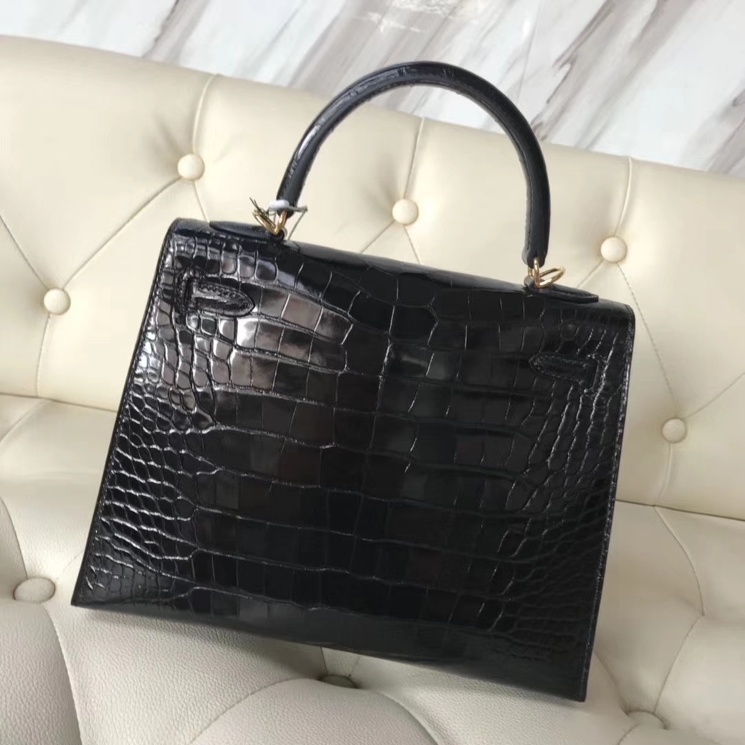 Hermès（爱马仕）Kelly25cm Alligator shiny 亮面鳄鱼 ck89 黑色 dior 金扣