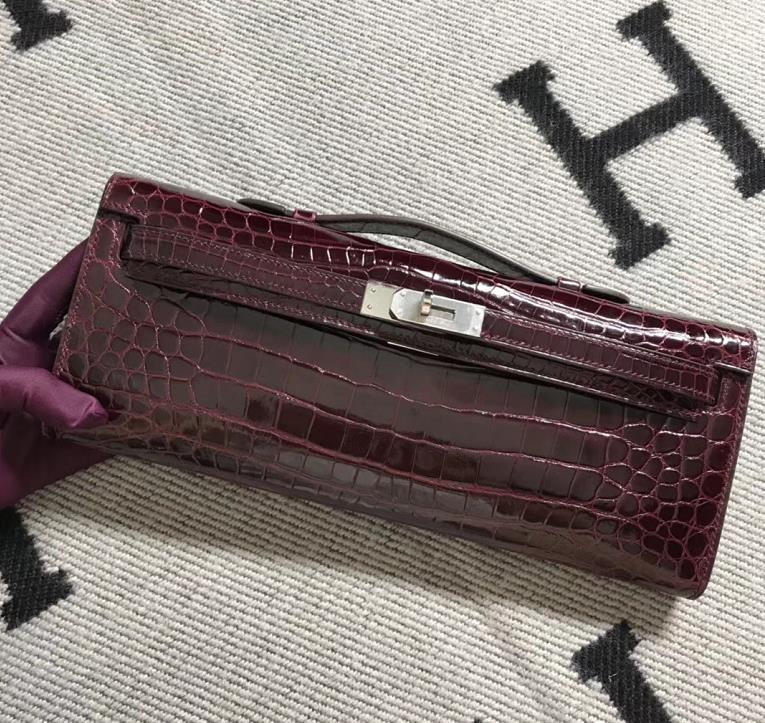 Hermès（爱马仕）kelly cut 31cm Crocodile shiny 亮面鳄鱼 5L 酒红色 金扣