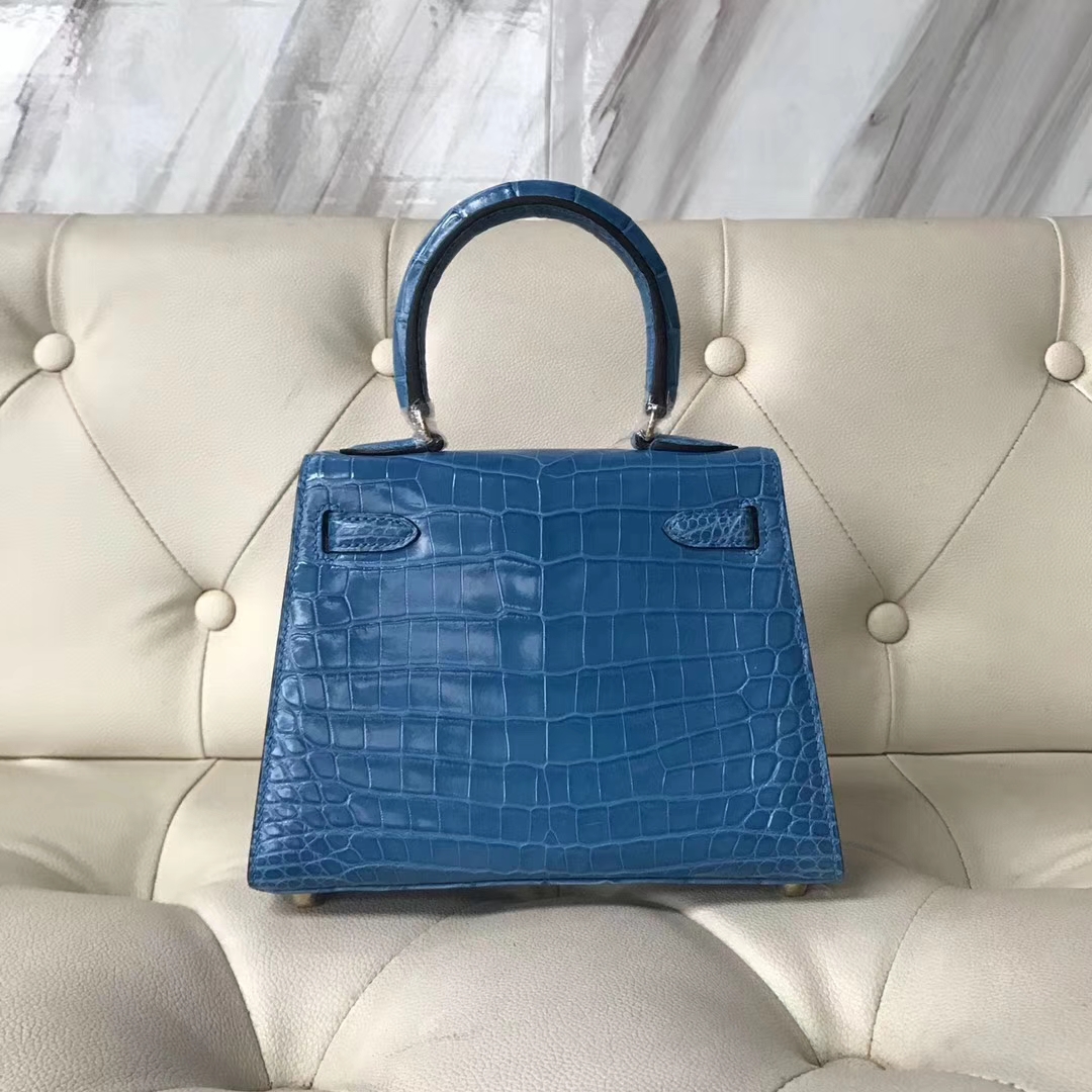 Hermès（爱马仕）Kelly 20cm shiny crocodile 亮面两点尼罗鳄 7Q希腊蓝 蜡线全手工 接受定制