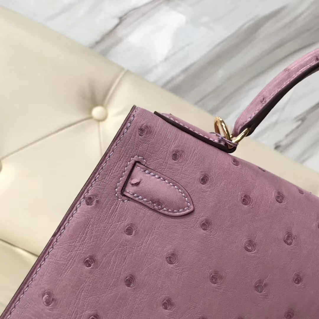 Hermès（爱马仕）Kelly 28cm ostrich kk鸵鸟 薰衣草紫 顶级工艺 蜡线全手工 金扣 接受定制