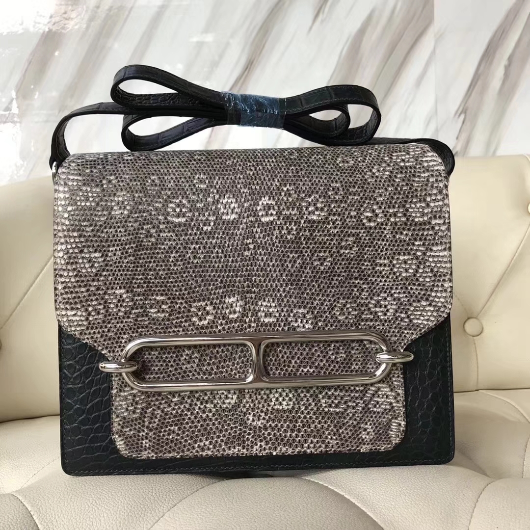 Hermès（爱马仕）Roulis 23cm 01自然色蜥蜴 拼 1T 泰坦绿 雾面框框鳄鱼 银扣