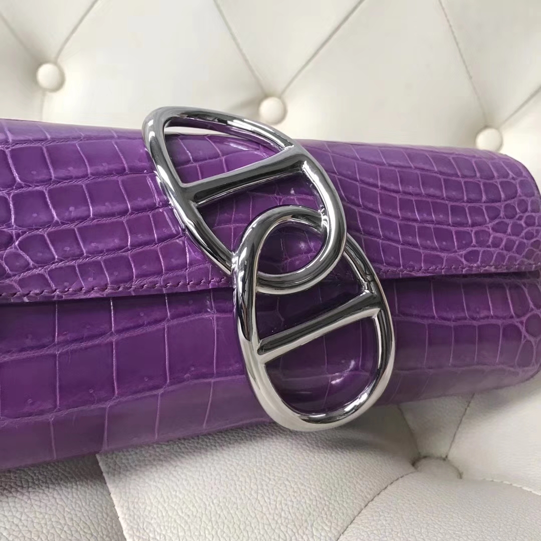 Hermès（爱马仕）egge 鳄鱼手包  玫红紫 银扣  手拿包 晚宴包