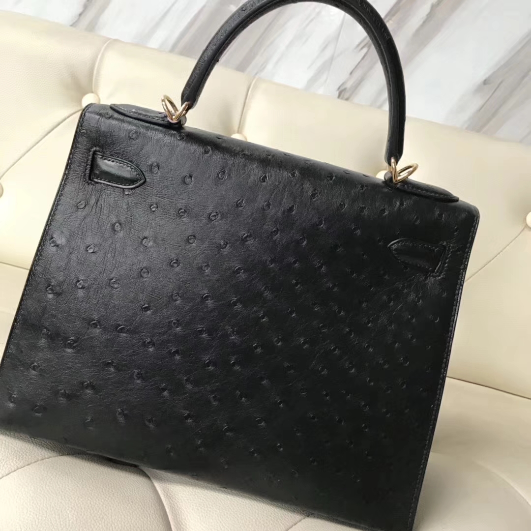 Hermès（爱马仕）Kelly28cm ostrich kk鸵鸟 顶级鸵鸟皮 ck89黑色 蜡线全手工 金扣一枚