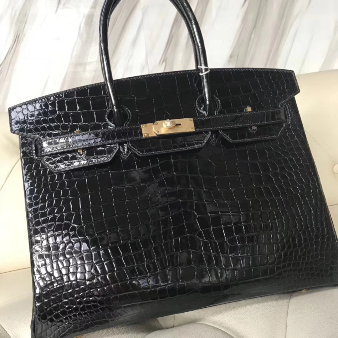 Hermès(爱马仕)Birkin35cm Porosus shiny 亮面澳洲湾鳄 ck89 黑色 金扣-拉尔森鳄鱼皮具定制 - 爱马仕包包官网 Hermès(爱马仕)Birkin35cm Porosus shiny 亮面澳洲湾鳄 ck89 黑色 金扣