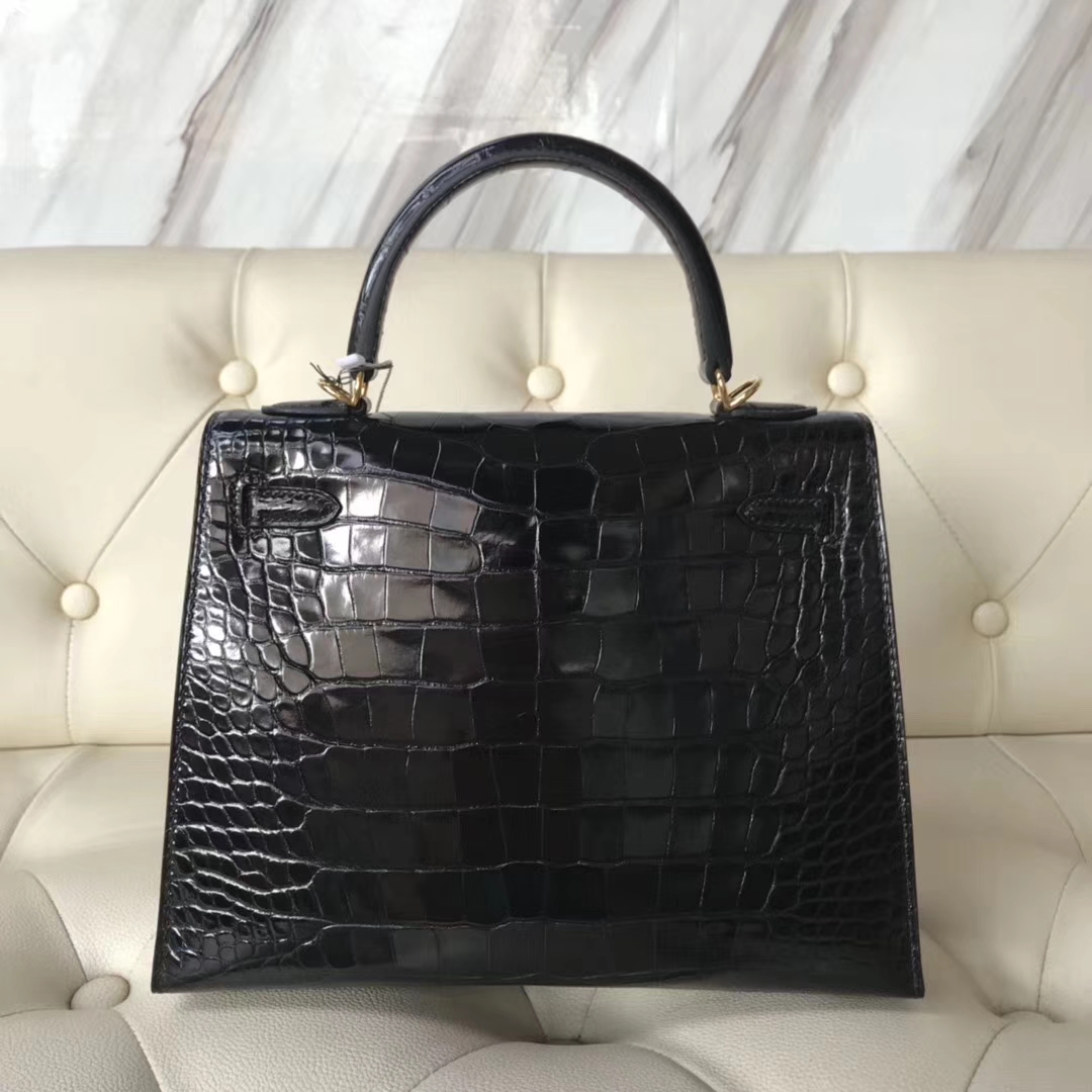 Hermès（爱马仕）Kelly25cm Alligator shiny 亮面鳄鱼 ck89 黑色 dior 金扣