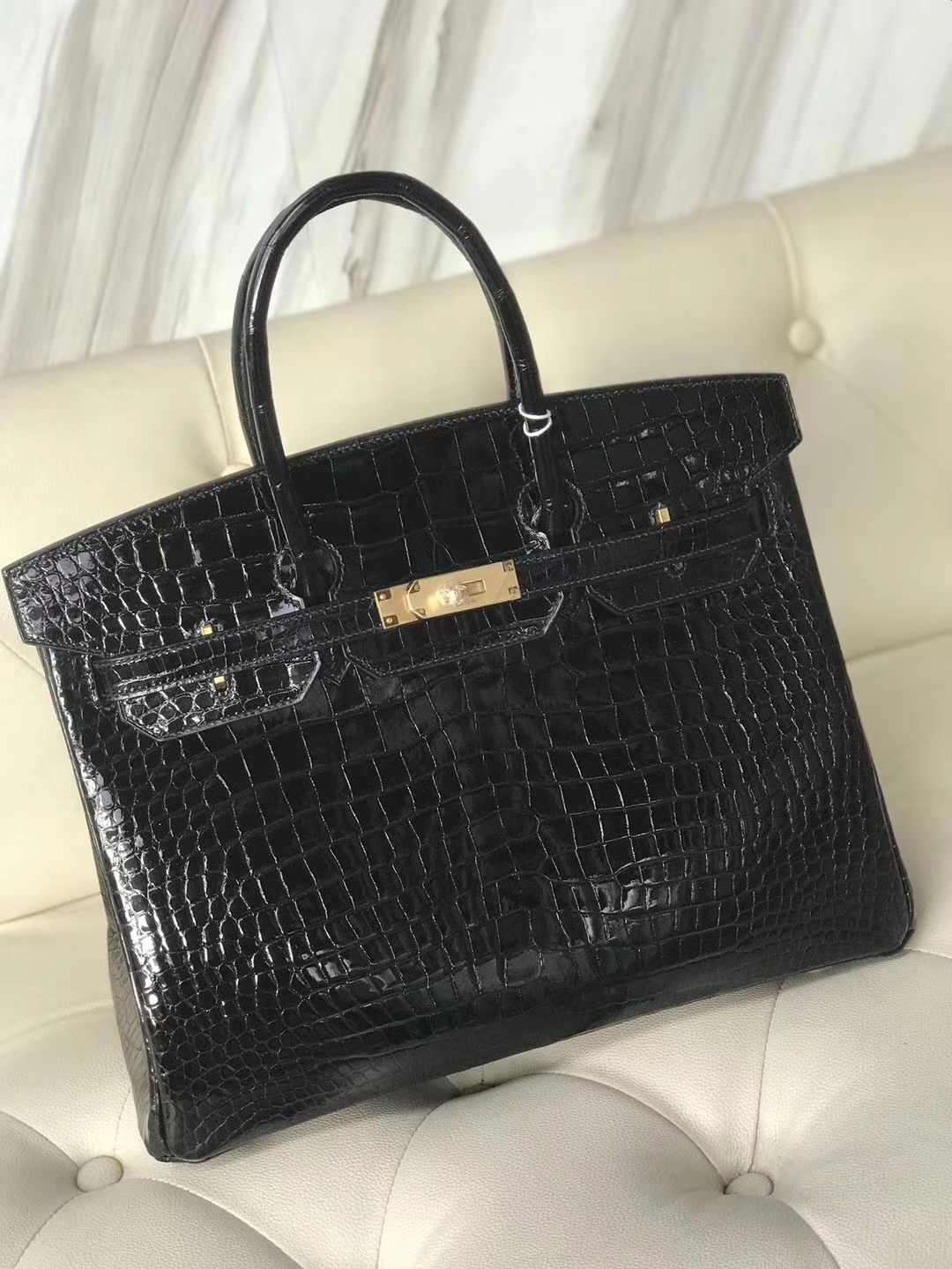 Hermès（爱马仕）Birkin35cm Porosus shiny 亮面澳洲湾鳄 ck89 黑色 金扣