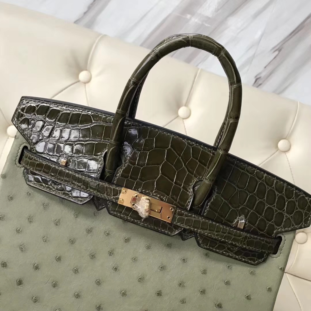 Hermès（爱马仕）Birkin25cm ostrich kk鸵鸟皮 v6丛林绿拼亮面橄榄绿鳄鱼内拼 I9杏黄色 蜡线全手工 金扣