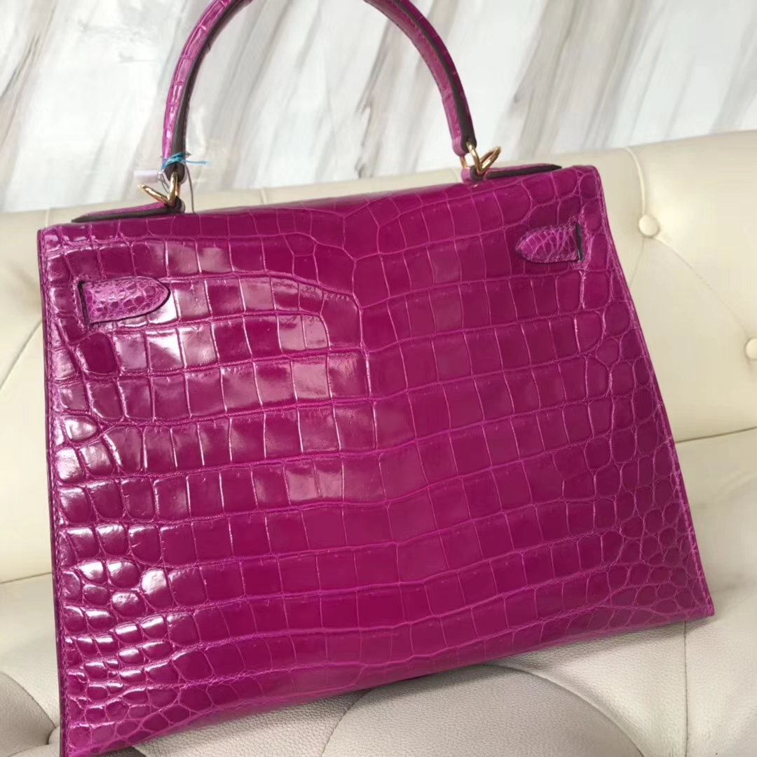 Hermès（爱马仕）Kelly28cm Crocodile shiny 亮面两点鳄鱼 J5 天方夜谭粉紫 金扣