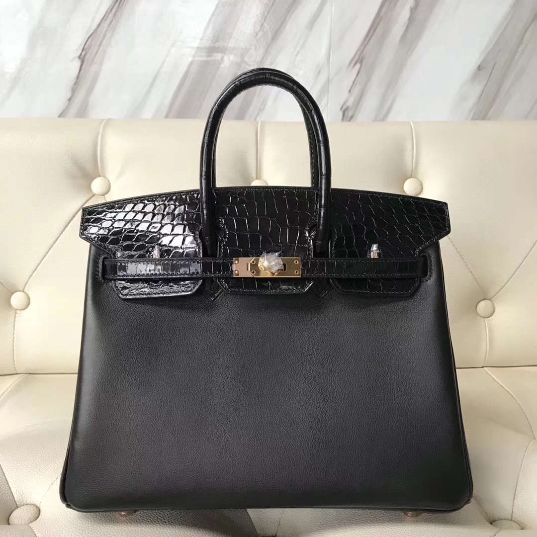 Hermès（爱马仕）Birkin25cm Swift 亮面鳄鱼 黑色 玫瑰金 Rose gold