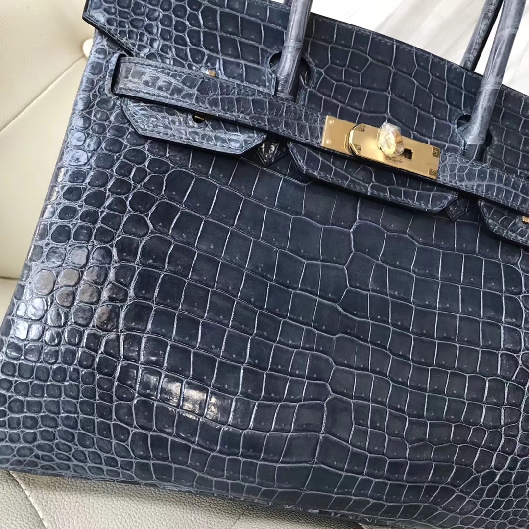 Hermès（爱马仕）Birkin30cm shiny porosus crocodile 澳洲湾鳄 N7风暴蓝 蜡线全手工 金扣