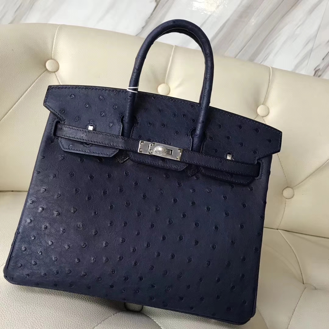 Hermès(爱马仕)Birkin25cm ostrich kk鸵鸟 顶级鸵鸟皮 ck73宝石蓝 蜡线全手工 银扣-拉尔森鳄鱼皮具定制 - 爱马仕包包官网 Hermès(爱马仕)Birkin25cm ostrich kk鸵鸟 顶级鸵鸟皮 ck73宝石蓝 蜡线全手工 银扣