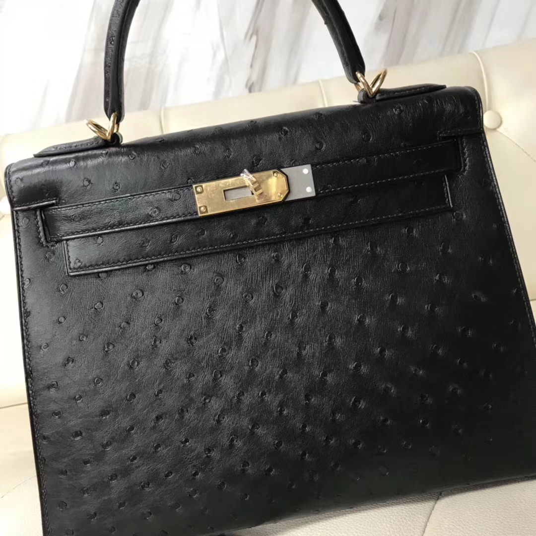 Hermès（爱马仕）Kelly28cm ostrich kk鸵鸟 顶级鸵鸟皮 ck89黑色 蜡线全手工 金扣一枚