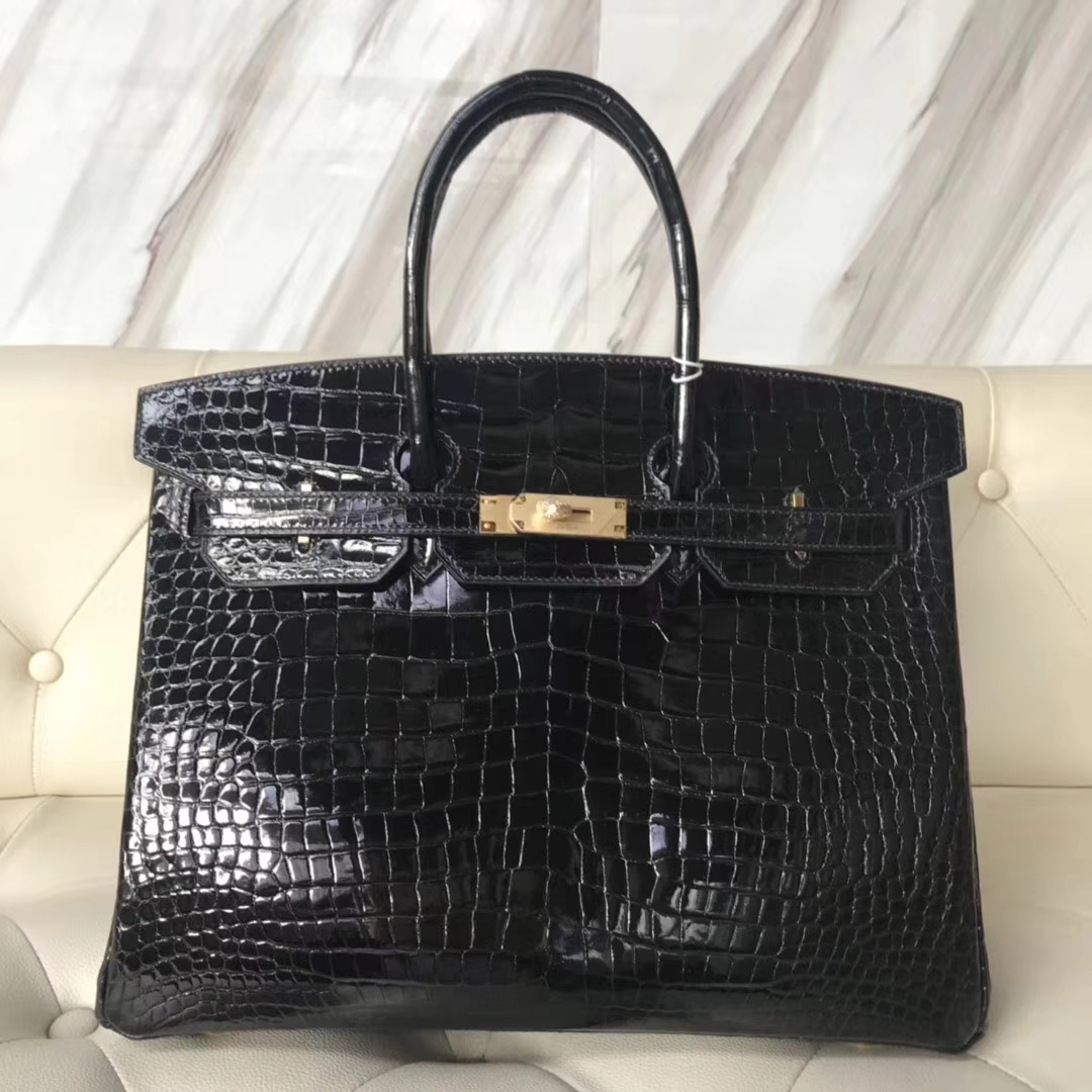 Hermès（爱马仕）Birkin35cm Porosus shiny 亮面澳洲湾鳄 ck89 黑色 金扣