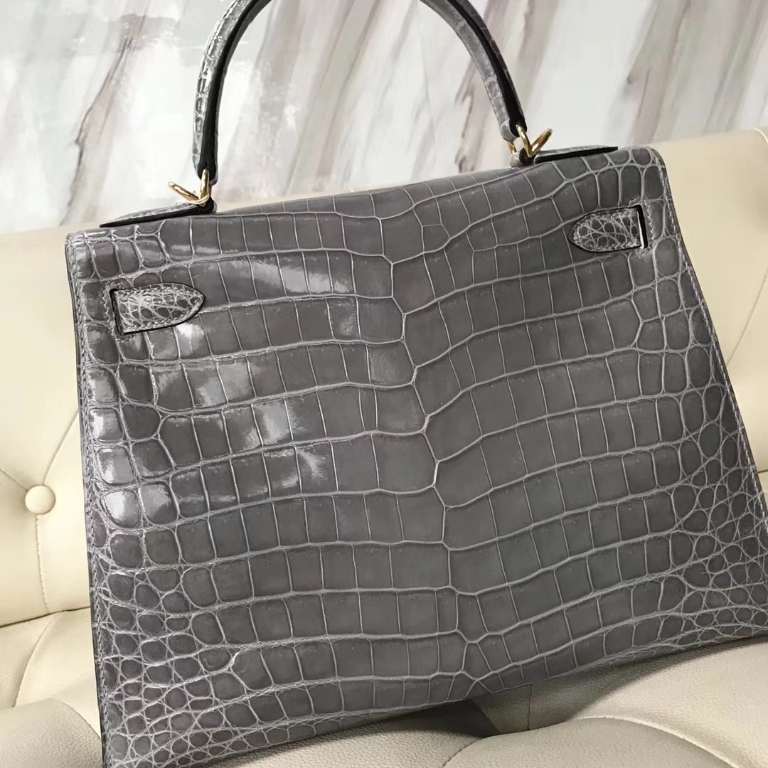 Hermès（爱马仕）Kelly28cm shiny nilo crocodile 8U冰川蓝 顶级工艺 蜡线全手工 金扣