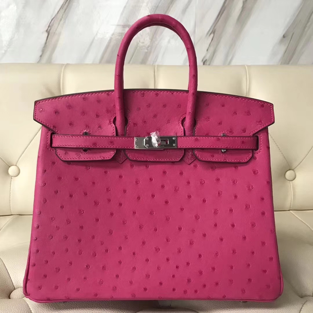 Hermès（爱马仕）Birkin25cm Ostrich kk鸵鸟 J5 桃红 银扣