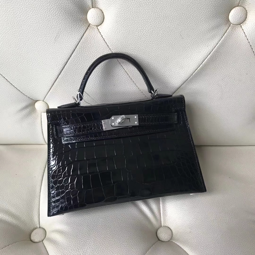 Hermès（爱马仕）Minikelly ll Alligator shiny 亮面鳄鱼  ck89 黑色 银扣