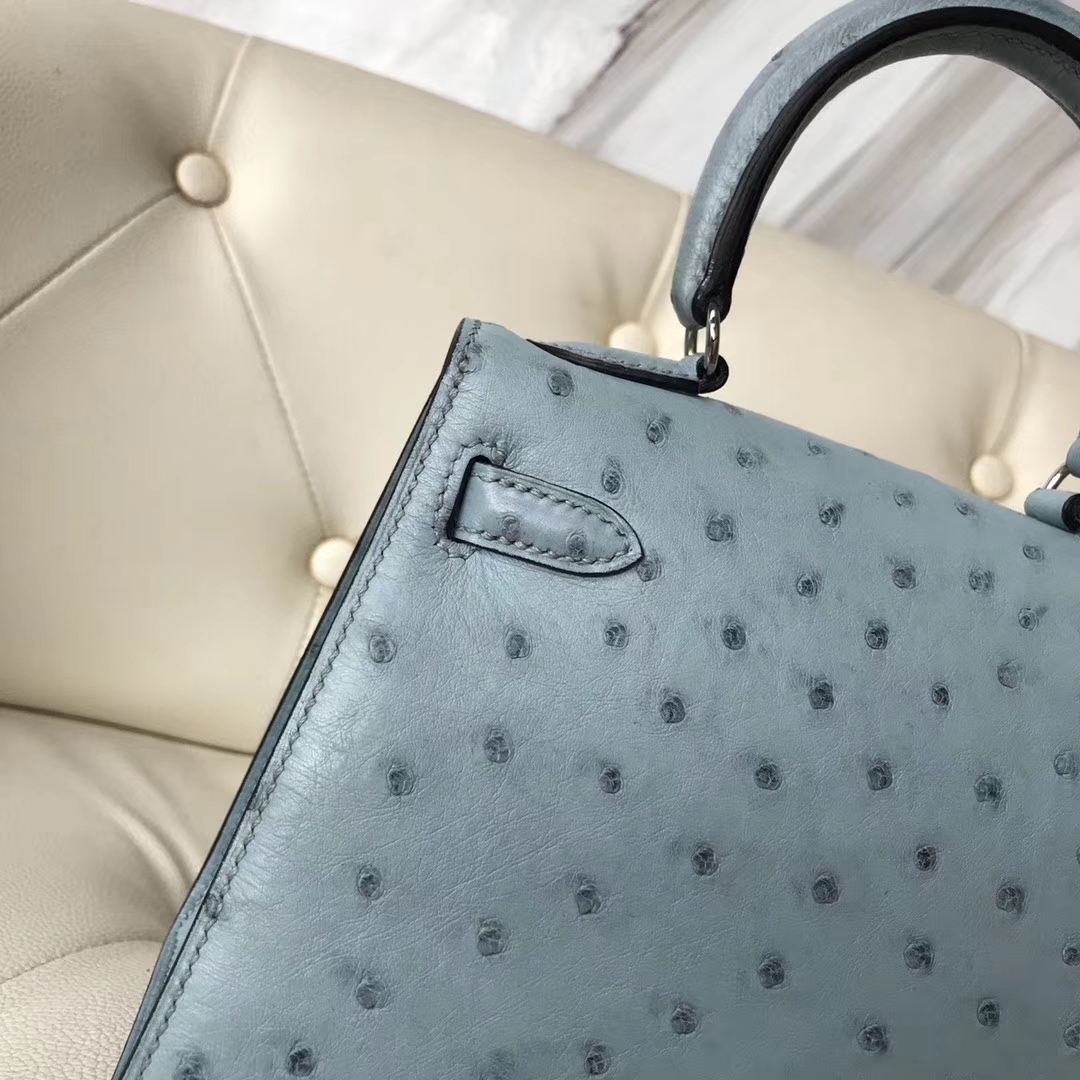Hermès（爱马仕）Kelly 20cm 大耳朵 kk鸵鸟皮 8U冰川蓝 银扣 接受定制