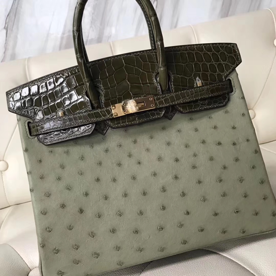 Hermès(爱马仕)Birkin25cm ostrich kk鸵鸟皮 v6丛林绿拼亮面橄榄绿鳄鱼内拼 I9杏黄色 蜡线全手工 金扣-拉尔森鳄鱼皮具定制 - 爱马仕包包官网 Hermès(爱马仕)Birkin25cm ostrich kk鸵鸟皮 v6丛林绿拼亮面橄榄绿鳄鱼内拼 I9杏黄色 蜡线全手工 金扣