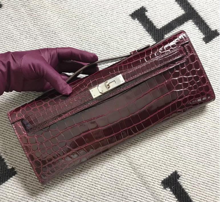 Hermès（爱马仕）kelly cut 31cm Crocodile shiny 亮面鳄鱼 5L 酒红色 金扣
