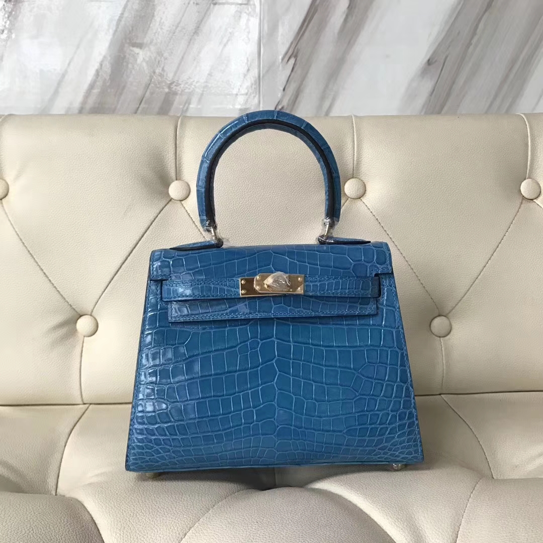Hermès（爱马仕）Kelly 20cm shiny crocodile 亮面两点尼罗鳄 7Q希腊蓝 蜡线全手工 接受定制