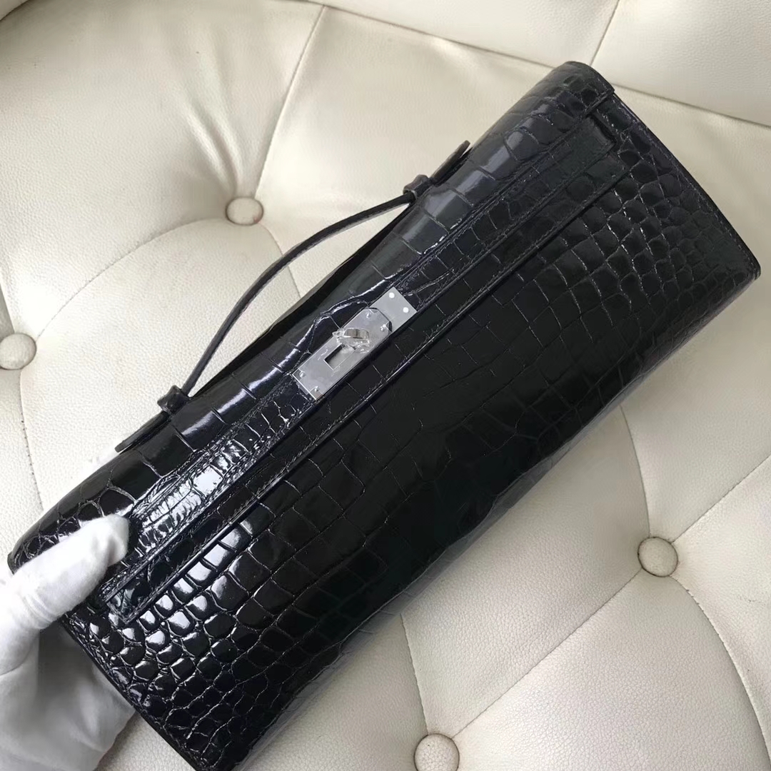 Hermès（爱马仕）Kelly cut 31cm porosus shiny 亮面鳄鱼 ck89 黑色 银扣