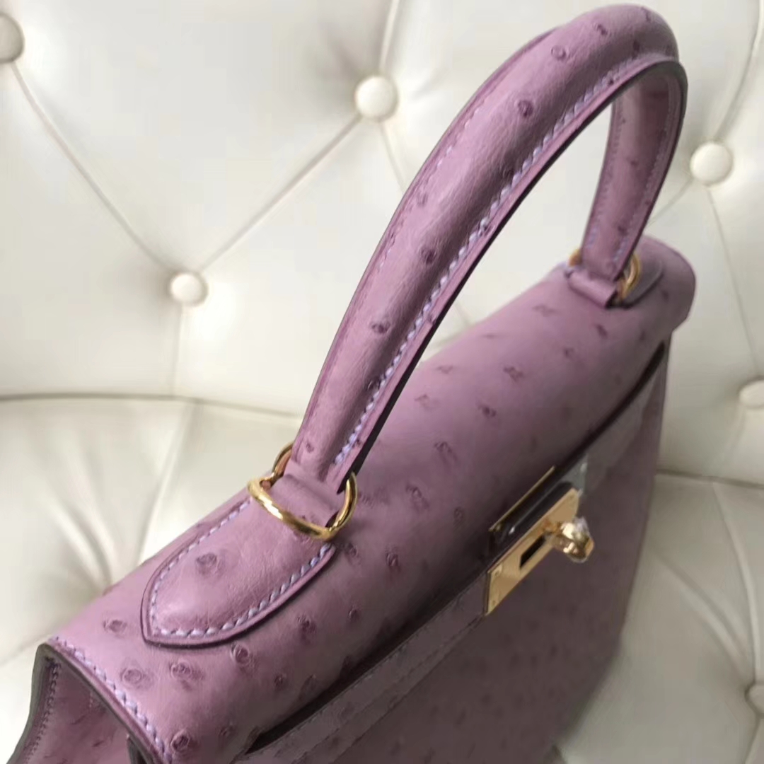 Hermès(爱马仕)Kelly 28cm ostrich kk鸵鸟 薰衣草紫 顶级工艺 蜡线全手工 金扣 接受定制-拉尔森鳄鱼皮具定制 - 爱马仕包包官网 Hermès(爱马仕)Kelly 28cm ostrich kk鸵鸟 薰衣草紫 顶级工艺 蜡线全手工 金扣 接受定制